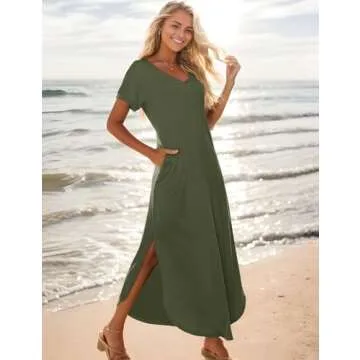 Zilcremo Women Summer Casual Maxi Dress Loose Pockets Short Sleeve Split Boho Dresses Green S