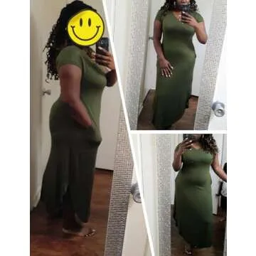 Zilcremo Women Summer Casual Maxi Dress Loose Pockets Short Sleeve Split Boho Dresses Green S