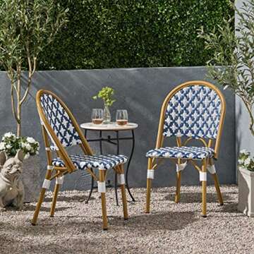 Christopher Knight Home Anastasia Outdoor French Bistro Chair (Set of 2), Blue + White + Bamboo Print Finish