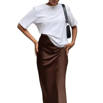 Vrtige Women's Elegant Satin Silky High Waist Zipper Flowy A Line Long Maxi Skirts Solid Dark Brown Small
