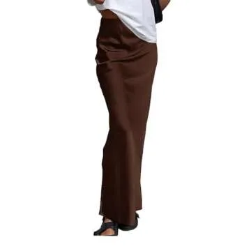 Vrtige Women's Elegant Satin Silky High Waist Zipper Flowy A Line Long Maxi Skirts Solid Dark Brown Small