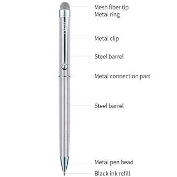 ChaoQ Mesh Stylus Ballpoint Pens (Black Ink), for iPad, iPhone, Kindle Fire All Capacitive Touch Screen Devices, with 6 Replaceable Mesh Tips and 6 Replaceable Rubber Tips (4 Pack/Silver)