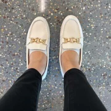 Cvistpieo Loafers for Women Business Casual Shoes Comfortable & Lightweight Penny Loafers Slip On Work Flats Leather Beige White Size 7.5