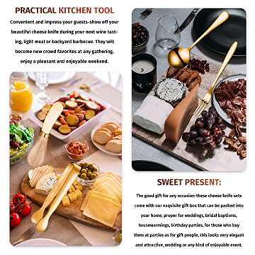 Cheese Butter Spreader Knives Set Charcuterie Accessories Stainless Steel Spreader Knives with Wooden Handles Charcuterie Boards Utensils Mini Serving Tongs Spoons and Forks (Gold,14 Pieces)