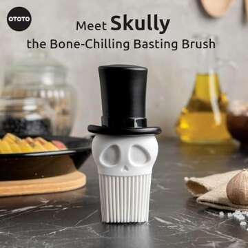 OTOTO Skully Basting Brush - Food Basting Brush for Cooking, Halloween Gifts, Gothic Kitchen Brush, Spooky Gifts, Skull Kitchen Accessories