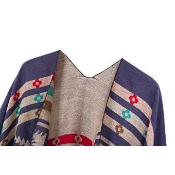 Urban CoCo Women's Printed Tassel Open Front Poncho Cape Cardigan Wrap Shawl (Series 1-Navy Blue)