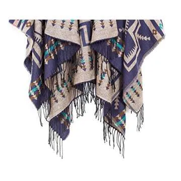 Urban CoCo Women's Printed Tassel Open Front Poncho Cape Cardigan Wrap Shawl (Series 1-Navy Blue)