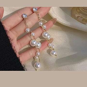 Aradio long pearl earrings Gold Long Tassel Pearl Earrings for Women 925 Sterling Silver needle Simu...