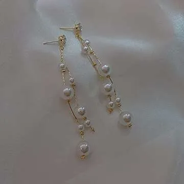 Aradio long pearl earrings Gold Long Tassel Pearl Earrings for Women 925 Sterling Silver needle Simulated Shell Pearl Earrings White Pearl Dangle Earrings Hypoallergenic Drop Pearl Earrings Dangle.