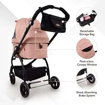 ibiyaya New Cleo Travel System Pet Stroller, 3-in-1 Dog Stroller, Pet Carrier, Dog Stroller for Small Dogs, Medium Dogs, Cats, 44 lbs - Lightweight Pet Stroller, Dog Travel Bag, Seat (Coral Pink)