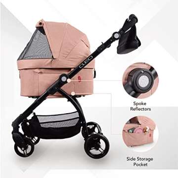 ibiyaya New Cleo Travel System Pet Stroller, 3-in-1 Dog Stroller, Pet Carrier, Dog Stroller for Small Dogs, Medium Dogs, Cats, 44 lbs - Lightweight Pet Stroller, Dog Travel Bag, Seat (Coral Pink)