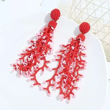 Beaded Earrings DIY Handmade Beaded Statement Dangle Earrings for Women, Funny Elements for Flower, Coral, Teardrop and Love Heart(Red Coral)