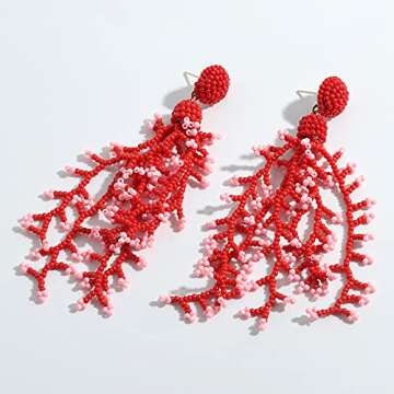Beaded Earrings DIY Handmade Beaded Statement Dangle Earrings for Women, Funny Elements for Flower, Coral, Teardrop and Love Heart(Red Coral)