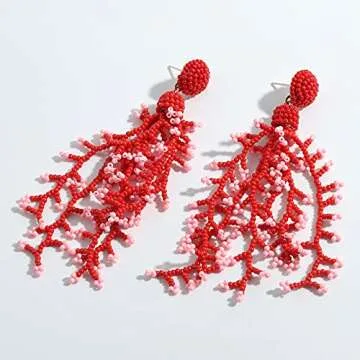 Beaded Earrings DIY Handmade Beaded Statement Dangle Earrings for Women, Funny Elements for Flower, Coral, Teardrop and Love Heart(Red Coral)