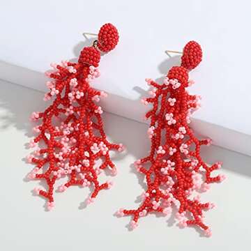 Beaded Earrings DIY Handmade Beaded Statement Dangle Earrings for Women, Funny Elements for Flower, Coral, Teardrop and Love Heart(Red Coral)