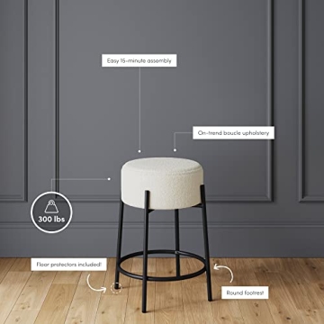 Nathan James Isaac 24" Modern Backless Bar Stool with Round Soft Padded Boucle Seat and Metal Mid-Century Base, Boucle White/Black