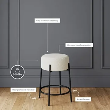 Nathan James Isaac 24" Modern Backless Bar Stool with Round Soft Padded Boucle Seat and Metal Mid-Century Base, Boucle White/Black