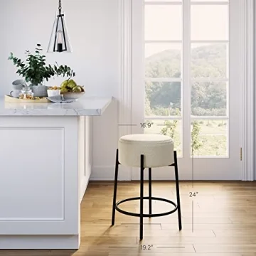 Nathan James Isaac 24" Modern Backless Bar Stool with Round Soft Padded Boucle Seat and Metal Mid-Century Base, Boucle White/Black