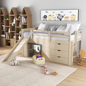 Costzon Twin Low Loft Bed, Multifunctional Loft Bed with Slide, Ladder, 3 Drawers & Under-Bed Play S...