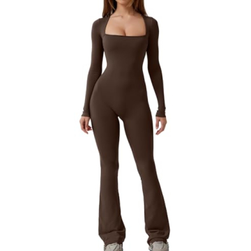 QINSEN Women Square Neck Long Sleeve Jumpsuit Casual Wide Leg Comfort Wear