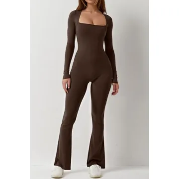 QINSEN Women Square Neck Long Sleeve Jumpsuit Casual Chic