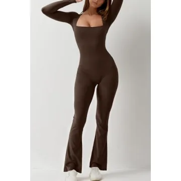 QINSEN Women Square Neck Long Sleeve Jumpsuit Casual Chic