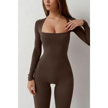 QINSEN Women Square Neck Long Sleeve Jumpsuit Casual Chic