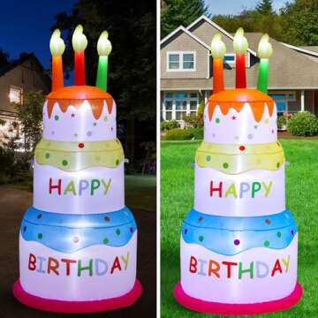 HZGDEJTG 6ft Birthday Cake Birthday Party Outdoor Inflatable Decoration, Outdoor Inflatable Decoration with LDE Lights, Birthday Inflatable Decoration for Garden, Patio, Lawn