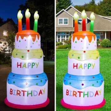 HZGDEJTG 6ft Birthday Cake Birthday Party Outdoor Inflatable Decoration, Outdoor Inflatable Decoration with LDE Lights, Birthday Inflatable Decoration for Garden, Patio, Lawn