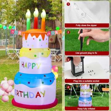HZGDEJTG 6ft Birthday Cake Birthday Party Outdoor Inflatable Decoration, Outdoor Inflatable Decoration with LDE Lights, Birthday Inflatable Decoration for Garden, Patio, Lawn