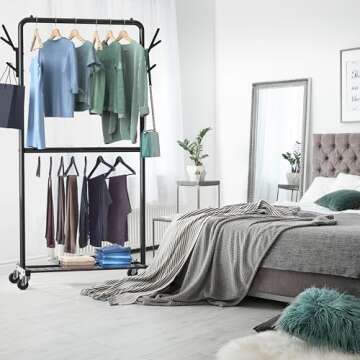 Simple Houseware Double Rod Garment Rack With Wheels and Hooks, Black