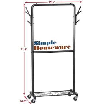 Simple Houseware Double Rod Garment Rack With Wheels and Hooks, Black