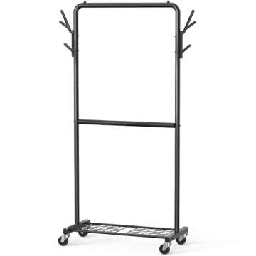 Simple Houseware Double Rod Garment Rack With Wheels and Hooks, Black