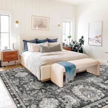 RUGSURE Washable Area Rugs - Perfect for Living Room, Bedroom, Kids Room, Nursery - Stain & Water Resistant Non-Slip, Pet & Child Friendly, Vintage Tribal Area Rugs (Grey, 8' x 10')