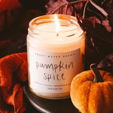 Sweet Water Decor Pumpkin Spice Candle - Fall Candles with Pumpkin, Clover, Cinnamon & Vanilla Scent for Home - Pumpkin Candle with 40 Hours Burn Time - 9Oz Gold Lid Clear Jar Pumpkin Soy Candles