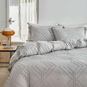 Gray Tufted Comforter Queen Size, 3 Pieces Boho Comforter Set with Fringe Tassel, Shabby Chic Geomet...
