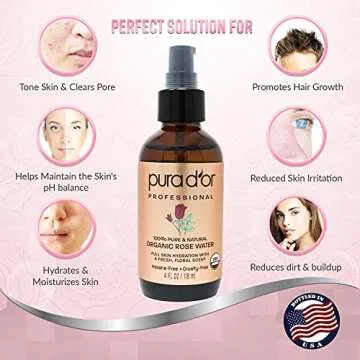 PURA D'OR Organic Rose Water Toner (4oz / 118mL) Eau Fraiche, 100% Pure Full Skin Hydration, Control Excess Oils & Acne - Cleanses & Softens - Promotes Healthy Skin Cell - for All Skin Types