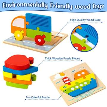 Wooden Vehicle Puzzles Toy Gift for 1, 2, 3 Years Old Boys Girls, Montessori Shapes Learning Puzzles...