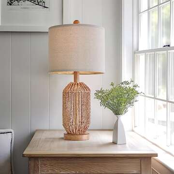 OYEARS 21" Boho Table Lamp for Living Room, Bedside Lamp for Nightstands, Rattan Lamp for Bedroom, F...