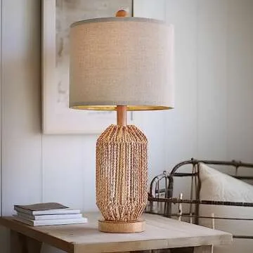 OYEARS 21" Boho Table Lamp for Living Room, Bedside Lamp for Nightstands, Rattan Lamp for Bedroom, Farmhouse Table Lamp for Room Decor, End Table, Retro, Brown, 1 Pack