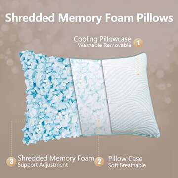 Smilereve Pillows Queen Size Set of 2 Cooling Memory Foam Pillows for Sleeping Adjustable Medium Fir...