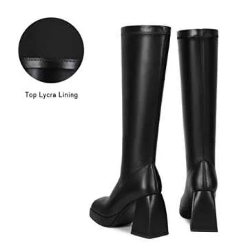 DOBOYG Knee High Boots Women, Platform Boots Chunky Block Heel Stretchy Square Toe Tall Boots Patent Leather Long Boots