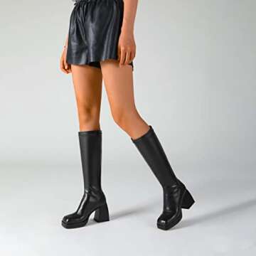 DOBOYG Knee High Boots Women, Platform Boots Chunky Block Heel Stretchy Square Toe Tall Boots Patent Leather Long Boots