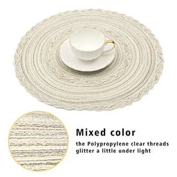 SHACOS Boho Round Placemats Set of 8 Braided Border Round Place Mats 15 inch Washable Dining Table Mats for Home Wedding Holiday Party (Ivory Bordered, 8)