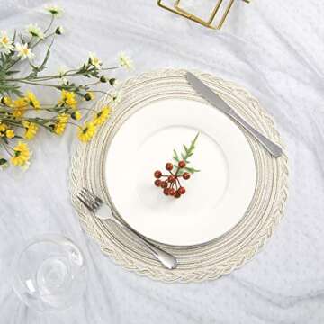 SHACOS Boho Round Placemats Set of 8 Braided Border Round Place Mats 15 inch Washable Dining Table Mats for Home Wedding Holiday Party (Ivory Bordered, 8)