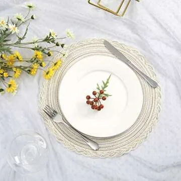 SHACOS Boho Round Placemats Set of 8 Braided Border Round Place Mats 15 inch Washable Dining Table Mats for Home Wedding Holiday Party (Ivory Bordered, 8)