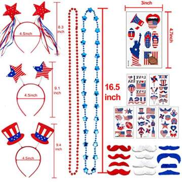 Adurself 72 Pieces Fourth/4th of July Party Accessories Patriotic Party Favor Supplies, Include 6 Head Boppers, 6 Bead Necklaces, 36 Temporary Tattoo, 12 Mustache for Independence Day Party Props Deco