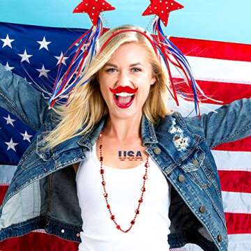 Adurself 72 Pieces Fourth/4th of July Party Accessories Patriotic Party Favor Supplies, Include 6 Head Boppers, 6 Bead Necklaces, 36 Temporary Tattoo, 12 Mustache for Independence Day Party Props Deco