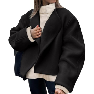 Tankaneo Womens Oversized Cropped Pea Coat Lapel Open Front Jacket Winter Short Outerwear