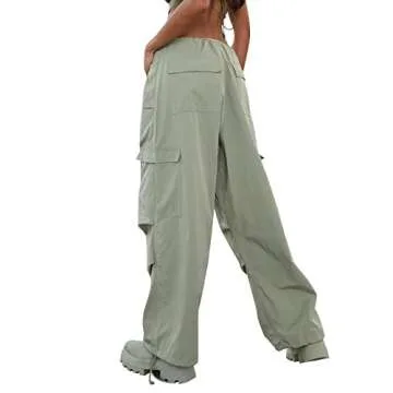 KMBANGI Women Baggy Cargo Pants Low Rise Wide Leg Sweatpants Casual Multi Pockets Loose Parachute Pants Jogger Trousers(Bean Green,S)